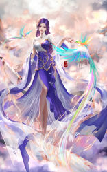 Rule 34 | 1girl, absurdres, architecture, bare legs, barefoot, bird, bracelet, closed mouth, cloud, earrings, east asian architecture, floating, hagoromo, hair ornament, highres, jewelry, long hair, nail polish, purple eyes, purple hair, purple nails, scroll, second-party source, shawl, solo, sparkle, wanmei shijie, xiaoxuan chuang wxc, yun xi (wanmei shijie)