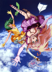 Rule 34 | 2girls, :d, above clouds, absurdres, ahoge, ai-kun, blonde hair, blue eyes, breasts, cleavage, cloud, dress, dutch angle, earrings, elbow gloves, falling, freefall, frilled dress, frills, gloves, green hair, highres, jewelry, large breasts, leg ribbon, long hair, long legs, macross, macross frontier, multiple girls, official art, open mouth, outstretched arms, outstretched hand, paper airplane, ranka lee, red eyes, ribbon, scan, sheryl nome, short hair, sky, small breasts, smile, spread arms, takahashi yuuichi, thighhighs, upside-down, white legwear