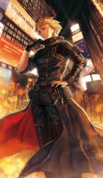 Rule 34 | 1boy, adjusting collar, belt, billboard, black gloves, black jacket, black pants, blonde hair, building, craft essence (fate), earrings, fate/grand order, fate (series), gilgamesh (fate), gilgamesh (gilgamesh in ny) (fate), gloves, hand on own hip, high collar, jacket, jakojakojako, jewelry, leather, leather gloves, leather jacket, leather pants, manly, official alternate costume, official art, pants, pouch, red eyes, searchlight, single glove, skyscraper, solo focus, times square, waist cape, zipper
