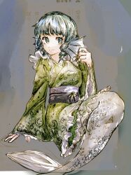 Rule 34 | 1girl, blue eyes, blue hair, closed mouth, commentary, drill hair, drill sidelocks, fins, frilled kimono, frills, full body, green kimono, head fins, highres, japanese clothes, jikokenjiyoku 1, kimono, long sleeves, looking at viewer, mermaid, monster girl, sash, short hair, sidelocks, simple background, smile, solo, touhou, traditional media, wakasagihime, wide sleeves