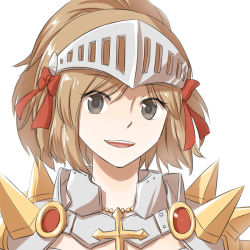 Rule 34 | 1girl, armor, bikini armor, black eyes, bow, brown hair, commentary request, cross, cross necklace, hair bow, high ponytail, jewelry, looking at viewer, natsuya (kuttuki), necklace, open mouth, pauldrons, ragnarok online, red bow, rune knight (ragnarok online), short hair, shoulder armor, simple background, smile, solo, spiked pauldrons, teeth, upper body, upper teeth only, visor (armor), white background