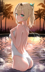 Rule 34 | 1girl, absurdres, ass, back, bare shoulders, blonde hair, blush, breasts, green eyes, hair between eyes, hairband, highres, hololive, kazama iroha, medium breasts, medium hair, nisi ki no, one-piece swimsuit, open mouth, ponytail, short ponytail, solo, sunset, swimsuit, virtual youtuber, white one-piece swimsuit