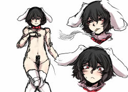 Rule 34 | 1boy, :&lt;, animal ears, bar censor, black hair, blush, censored, cigarette, collar, genderswap, genderswap (ftm), head, inaba tewi, looking at viewer, looking to the side, male focus, mouth hold, navel, nicutoka, nude, rabbit ears, red eyes, short hair, simple background, sketch, smoke, smoking, thighhighs, touhou, upper body, white background