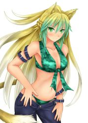 Rule 34 | 1girl, animal ears, arm strap, atalanta (fate), bare shoulders, bikini, blonde hair, blush, braid, breasts, buckle, camouflage, casual, cat ears, cat tail, collarbone, contrapposto, cowboy shot, denim, dyed bangs, fate/apocrypha, fate (series), front-tie bikini top, front-tie top, gradient hair, green bikini, green eyes, green hair, hand on own hip, highres, hozenkakari, long hair, looking at viewer, lowleg, lowleg pants, matching hair/eyes, medium breasts, multicolored hair, navel, pants, simple background, smile, solo, standing, swimsuit, tail, two-tone hair, very long hair, white background, white hair
