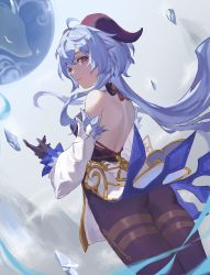 Rule 34 | 1girl, absurdres, ahoge, ass, back, backless outfit, bare shoulders, black gloves, black legwear, blue hair, breasts, detached sleeves, from behind, ganyu (genshin impact), genshin impact, gloves, gold trim, highres, horns, ice shard, jia ma, long hair, looking at viewer, looking back, orb, purple eyes, qilin (mythology), sidelocks, solo, standing, thighlet, white sleeves