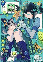Rule 34 | 1girl, bandaid, bandaid on face, bandaid on knee, bandaid on leg, bandaid on nose, battery indicator, black hair, blue bow, blue bowtie, blue footwear, blue shirt, blue skirt, boots, bow, bow skirt, bowtie, brooch, cat, commentary, ear piercing, embarrassed, furu tkc, gloves, green brooch, grey cat, grey gloves, hair bobbles, hair bow, hair ornament, hat, heart, heart hair ornament, highres, holding, holding wand, jewelry, knees up, looking at viewer, original, piercing, pleated skirt, puffy short sleeves, puffy sleeves, shirt, short sleeves, sidelocks, skirt, solo, sweatdrop, twintails, wand, window (computing), witch hat, x hair ornament