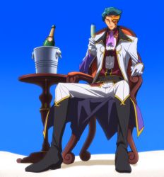 Rule 34 | 00s, alcohol, bottle, chair, champagne, code geass, food, fruit, highres, jeremiah gottwald, male focus, manly, mask, orange (fruit), screencap, solo, stitched, table, third-party edit