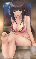 Rule 34 | 1girl, absurdres, bare arms, bare legs, bare shoulders, bikini, black hair, blush, breasts, cloud, collarbone, commentary request, fate/grand order, fate (series), feet out of frame, halterneck, highres, large breasts, long hair, looking at viewer, moon, night, night sky, onsen, open mouth, osakabehime (fate), pink bikini, red eyes, sidelocks, sitting, sky, soaking feet, solo, steam, suiroh (shideoukami), swimsuit, thighs, water, wet