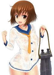 Rule 34 | 10s, 1girl, :d, binoculars, breasts, brown eyes, brown hair, buttons, clenched hand, collarbone, covered erect nipples, cowboy shot, highres, holding, kantai collection, long sleeves, looking at viewer, necktie, nipples, no bra, open mouth, panties, school uniform, see-through, serafuku, shiny skin, shirt, short hair, simple background, small breasts, smile, solo, underwear, wet, wet clothes, white background, white panties, white shirt, ya (pixiv 15923779), yukikaze (kancolle)