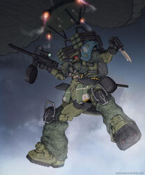 Rule 34 | ammunition, armor, blue armor, camouflage, cloud, cloudy sky, combat knife, cyclops, drum magazine, glowing, glowing eye, green armor, gun, gundam, highres, holding, holding gun, holding knife, holding weapon, knife, magazine (weapon), mecha, military, missile, missile pod, no humans, nomansnodead, one-eyed, parachute, paratrooper, pauldrons, red eyes, robot, science fiction, scope, shoulder armor, sky, solo, solo focus, submachine gun, weapon, zaku, zaku ii