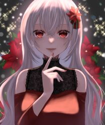 Rule 34 | 1girl, blurry, bokeh, depth of field, earrings, flower, hair flower, hair ornament, hand on own chin, hand up, highres, jewelry, long hair, nail polish, open mouth, original, poinsettia, red eyes, smile, solo, straight-on, suzuko (suzukosz), white hair