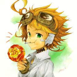 Rule 34 | 1girl, blouse, brown gloves, candy, chupa chups, emma (yakusoku no neverland), fingerless gloves, food, gloves, goggles, goggles on head, green eyes, lollipop, long sleeves, looking at viewer, neck tattoo, number tattoo, orange hair, saci, shirt, signature, tattoo, upper body, white shirt, yakusoku no neverland