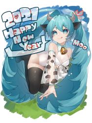 Rule 34 | 1girl, 2021, absurdres, animal ears, animal print, aqua eyes, aqua hair, bare shoulders, black thighhighs, bottle, chinese zodiac, commentary, cow ears, cow girl, cow horns, cow print, detached sleeves, grass, hair ornament, happy new year, hatsune miku, heart, high heels, highres, horns, legs up, leotard, lips, long hair, looking at viewer, milk bottle, neck bell, new year, reirou (chokoonnpu), see-through, see-through sleeves, shiny clothes, shiny legwear, sky, smile, solo, spilling, thighhighs, tongue, tongue out, twintails, very long hair, vocaloid, white leotard, year of the ox