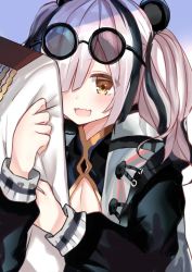 Rule 34 | 1girl, 1other, animal ears, arknights, breasts, chinese commentary, cleavage, commentary request, eyewear on head, feater (arknights), glasses, highres, panda ears, pink hair, sb (akagikeai), sunglasses on head, white hair