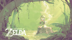 Rule 34 | absurdres, boots, closed eyes, fairy, forest, green hair, green theme, highres, instrument, kchang57, logo, long sleeves, music, nature, nintendo, ocarina, plant, playing instrument, saria (zelda), scenery, sitting on tree stump, sunlight, the legend of zelda, the legend of zelda: ocarina of time, tree, tree stump, wide shot