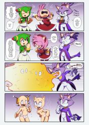 Rule 34 | 3girls, accident, accidental exposure, amy rose, animal ears, assisted exposure, bald, blaze the cat, blush, breasts, burnt clothes, burp, cat ears, cat girl, cat tail, clothed female nude female, comic, cosmo (sonic), dress, eating, embarrassed, english text, euf-dreamer, eyelashes, fire, friends, furry, furry female, gloves, green eyes, hair ornament, hedgehog, hedgehog ears, hedgehog tail, highres, humiliation, humor, medium breasts, multiple girls, navel, nipples, no bra, nude, open mouth, panties, panties only, print panties, public indecency, public nudity, shaved body, sonic (series), speech bubble, standing, star (symbol), star print, tail, talking, topless, underwear, wardrobe malfunction, white gloves, white panties, yellow eyes