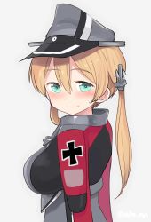 Rule 34 | 1girl, ahenn, aqua eyes, blonde hair, blush, breasts, grey background, hair between eyes, hat, kantai collection, large breasts, long hair, long sleeves, looking at viewer, low twintails, military, military hat, military uniform, peaked cap, prinz eugen (kancolle), simple background, smile, solo, twintails, twitter username, uniform, upper body