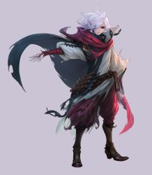 Rule 34 | 1boy, black sclera, boots, brown footwear, cape, closed mouth, colored sclera, fingernails, grey background, highres, male focus, mountainguy, pathfinder, pink eyes, pointy ears, red cape, simple background, slit pupils, solo, torn cape, torn clothes, white hair, wizard