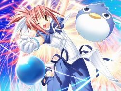 Rule 34 | 1girl, arms up, ball, bird, bracelet, game cg, gloves, hair ribbon, jewelry, jumping, kannagi rei, one eye closed, open mouth, penguin, ponytail, princess witches, red hair, ribbon, solo, suzumiya ringo, wallpaper, wink, yellow eyes