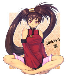 Rule 34 | 1girl, arc system works, bare shoulders, barefoot, brown eyes, brown hair, china dress, chinese clothes, detached sleeves, dress, feet, guilty gear, hair ornament, hair rings, indian style, kuradoberi jam, long hair, mahito, red eyes, sitting, smile, solo, toes, very long hair