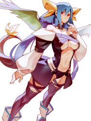 Rule 34 | 1girl, asymmetrical wings, belt, black panties, black thighhighs, blue hair, blush, boots, breasts, choker, detached sleeves, dizzy (guilty gear), guilty gear, guilty gear x, guilty gear xx, hair between eyes, hair ribbon, hair rings, highres, large breasts, long hair, long sleeves, monster girl, navel, panties, puffy long sleeves, puffy sleeves, red eyes, ribbon, solo, stomach, tail, tail ornament, tail ribbon, thick thighs, thigh strap, thighhighs, thighs, twintails, uncle rabbit ii, underboob, underwear, very long hair, white background, wings, yellow ribbon