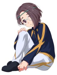 Rule 34 | 1boy, black footwear, brown eyes, brown hair, commentary request, full body, green jacket, grey pants, hair over one eye, headband, highres, inazuma eleven, inazuma eleven (series), inazuma eleven ares no tenbin, jacket, knee up, long sleeves, looking at viewer, male focus, one eye covered, pants, sekina, shoes, simple background, sitting, solo, white background, yagihara katsumi