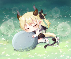 Rule 34 | 1girl, bare shoulders, black ribbon, black skirt, black wings, blonde hair, blush, boots, closed eyes, closed mouth, day, dragon girl, dragon horns, dragon tail, dragon wings, flower, hair ribbon, horns, indie virtual youtuber, long hair, mauve, nivr (vtuber), on grass, one side up, outdoors, pleated skirt, ribbon, shirt, skirt, sleeveless, sleeveless shirt, smile, solo, tail, very long hair, virtual youtuber, white flower, white footwear, white shirt, wings, wrist cuffs