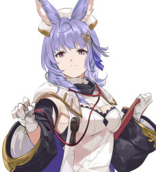 Rule 34 | 1girl, animal ears, breasts, cleavage, cleavage cutout, clipboard, closed mouth, clothing cutout, detached sleeves, gloves, granblue fantasy, grey eyes, hair ornament, hat, holding, holding clipboard, holding stethoscope, long hair, looking at viewer, nos, nurse cap, purple hair, shirt, simple background, small breasts, smile, solo, stethoscope, tikoh, upper body, white background, white gloves, white shirt