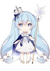 Rule 34 | 1girl, absurdres, blue eyes, blue hair, cape, chaji xiao bai, chibi, crown, dress, full body, hair between eyes, hatsune miku, highres, holding, holding staff, long hair, looking at viewer, mini crown, short dress, simple background, sleeveless, sleeveless dress, solo, staff, twintails, very long hair, vocaloid, white background, white dress, yuki miku, yuki miku (2018) (applicant)