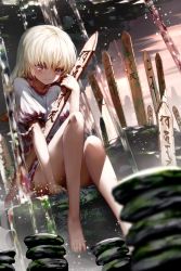 Rule 34 | 1girl, arm support, bare legs, barefoot, blonde hair, brown eyes, ebisu eika, highres, knee up, long hair, looking at viewer, orange eyes, outdoors, rock balancing, ryosios, sitting, smile, solo, stone, thighs, touhou, water, white hair, wily beast and weakest creature