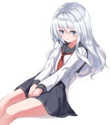 Rule 34 | 1girl, blue eyes, blue skirt, blush, commentary, covering privates, covering crotch, hibiki (kancolle), highres, kantai collection, leaning back, long hair, school uniform, serafuku, shirt, silver hair, simple background, sitting, skirt, solo, tachibana (x quick), thighs, white background, white shirt