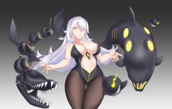 Rule 34 | azur lane, black pantyhose, breasts, cameltoe, center opening, evil smile, fish, gluteal fold, hair between eyes, highres, large breasts, leotard, long hair, looking at viewer, pantyhose, revealing clothes, silver hair, siren (azur lane), smile, solo, very long hair, yellow eyes, zijiang