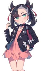 Rule 34 | 1girl, asymmetrical bangs, backpack, bag, black choker, black hair, black jacket, blush, choker, closed mouth, collarbone, commentary request, creatures (company), dress, dusk ball, earrings, game freak, green eyes, hair ribbon, highres, holding, holding poke ball, jacket, jewelry, long sleeves, looking at viewer, marnie (pokemon), nail polish, nintendo, open clothes, open jacket, pink dress, poke ball, pokemon, pokemon swsh, red ribbon, ribbon, simple background, smile, solo, twintails, wagashi928, white background