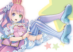 Rule 34 | 1girl, asymmetrical legwear, bloomers, breasts, candy hair ornament, crown, detached sleeves, dress, food-themed hair ornament, full body, green eyes, hair ornament, heterochromia, high heels, highres, himemori luna, himemori luna (1st costume), hololive, legs up, long hair, looking at viewer, medium breasts, mismatched legwear, open mouth, pink dress, pink hair, pop (electromagneticwave), puffy short sleeves, puffy sleeves, purple eyes, short sleeves, sitting, solo, striped clothes, striped thighhighs, teeth, thighhighs, underwear, upper teeth only, vertical-striped clothes, vertical-striped thighhighs, virtual youtuber, white bloomers