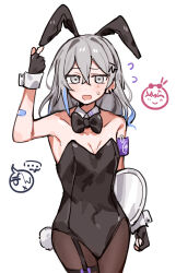 Rule 34 | 1girl, alternate costume, alternate hairstyle, animal ears, arm up, armpits, bandaid, bandaid on hand, bare shoulders, black bow, black bowtie, black gloves, black leotard, black pantyhose, blue hair, bow, bowtie, breasts, collarbone, commentary, detached collar, ear piercing, emne, english commentary, fake animal ears, fake tail, fingerless gloves, flying sweatdrops, gloves, grey eyes, grey hair, hair between eyes, highres, honkai: star rail, honkai (series), leotard, multicolored hair, open mouth, pantyhose, piercing, playboy bunny, purple armband, rabbit ears, rabbit tail, silver wolf (honkai: star rail), simple background, small breasts, streaked hair, sweat, tail, thigh strap, tray, two-tone hair, white background, white wrist cuffs, wrist cuffs