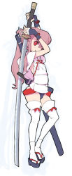 Rule 34 | 1girl, bottomless, highres, najimi shin, pink hair, red eyes, scabbard, sheath, solo, sword, thighhighs, weapon, white thighhighs