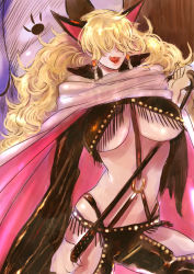 Rule 34 | 1girl, animal ears, blonde hair, breasts, candle, cape, cloak, earrings, female focus, fringe trim, hair over eyes, huge breasts, impel down, jewelry, kito (coyo), lipstick, long hair, makeup, minokoala, one piece, revealing clothes, sadi-chan, solo, underboob, whip