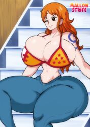 Rule 34 | 1girl, ass, breasts, cleavage, curvy, ear piercing, female focus, highres, huge ass, huge breasts, long hair, mallowstrife, matching hair/eyes, nami (one piece), narrow waist, navel, one eye closed, one piece, orange eyes, orange hair, piercing, skindentation, solo, tattoo, thick thighs, thighs, wide hips