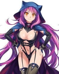 Rule 34 | 1girl, artist request, blush, bondage outfit, breasts, buckle, cape, character request, chou daibouken! yukeyuke osawari island, cleavage, cloak, cuffs, daibouken! yukeyuke osawari island, fishnets, game cg, garter straps, harness, hood, hooded cloak, large breasts, leaning forward, long hair, looking at viewer, navel, pink hair, smile, solo, standing, thigh gap, thighhighs, transparent background, very long hair, yellow eyes