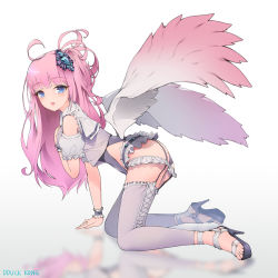 Rule 34 | 1girl, :d, all fours, bad id, bad pixiv id, bare shoulders, black footwear, black leotard, blue eyes, blurry, blurry background, blush, breasts, commentary, dduck kong, depth of field, detached sleeves, fang, gradient wings, hair ornament, hand on own chest, hand up, high heels, highres, leggings, leotard, long hair, looking at viewer, looking to the side, multicolored wings, open mouth, original, pink hair, pink wings, puffy short sleeves, puffy sleeves, reflection, shirt, shoes, short sleeves, sleeveless, sleeveless shirt, small breasts, smile, solo, very long hair, white background, white leggings, white shirt, white wings, wings
