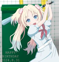 Rule 34 | 1girl, :d, arms up, baseball bat, batting cage, blonde hair, blue dress, blue eyes, blue hair, blunt bangs, blush, breast pocket, breasts, commentary, cowboy shot, dated, dress, fang, flower, gradient hair, hair flower, hair ornament, hasu no sora school uniform, highres, holding, holding baseball bat, light blue hair, link! like! love live!, long hair, looking at viewer, love live!, medium breasts, multicolored hair, neckerchief, open mouth, osawa rurino, parted bangs, pink flower, pleated dress, pocket, puffy short sleeves, puffy sleeves, red neckerchief, rei (saintaqour), sailor collar, sailor dress, school uniform, short sleeves, smile, solo, summer uniform, twintails, upper body, virtual youtuber, white sailor collar