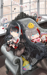 Rule 34 | 1girl, admiral graf spee (azur lane), azur lane, black dress, black hair, blue eyes, character doll, closed mouth, commentary request, couch, deutschland (azur lane), deutschland (demon princess&#039; dark hour banquet) (azur lane), doll, drawing (object), dress, highres, holding, holding doll, indoors, letter, long hair, looking at viewer, manjuu (azur lane), multicolored hair, official alternate costume, pantyhose, picture frame, red hair, sitting, smile, solo, streaked hair, takeakigaku, white hair, window, wooden floor