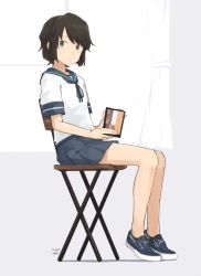 Rule 34 | 10s, 1girl, artist name, book, brown hair, cat, chair, curtains, dated, from side, full body, green eyes, holding, holding book, indoors, kantai collection, kawashina (momen silicon), looking at viewer, miyuki (kancolle), pleated skirt, school uniform, serafuku, shoes, short hair, short sleeves, sitting, skirt, socks, solo, the door into summer, window