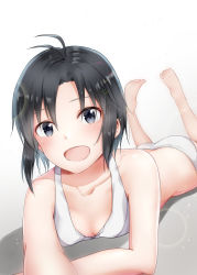 Rule 34 | 1girl, :d, antenna hair, ass, bare shoulders, bikini, black hat, breasts, cleavage, collarbone, gradient background, grey eyes, hair between eyes, hat, highres, idolmaster, idolmaster (classic), kikuchi makoto, legs up, looking at viewer, lying, mogskg, on stomach, open mouth, short hair, small breasts, smile, soles, solo, swimsuit, white background, white bikini