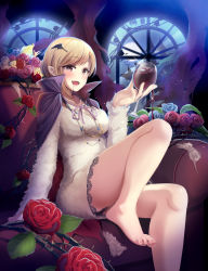 Rule 34 | 1girl, aiba yumi, bare legs, barefoot, bat hair ornament, black panties, blonde hair, blood, blood on face, blue flower, blue rose, blush, brown eyes, cape, casino (casinoep), cup, cupping glass, dress shirt, drinking glass, fangs, flower, hair ornament, highres, holding, holding cup, holding drinking glass, idolmaster, idolmaster cinderella girls, indoors, jewelry, long sleeves, looking at viewer, nail polish, necklace, night, open mouth, panties, pantyshot, pointy ears, red flower, red rose, rose, shirt, short hair, sitting, smile, solo, toenail polish, toenails, toes, underwear, window, wine glass