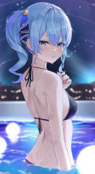 Rule 34 | 1girl, absurdres, back, bikini, black bikini, blue eyes, blue hair, blue nails, blush, breasts, from behind, glint, hair ornament, hair ribbon, halterneck, hand up, highres, hololive, hoshimachi suisei, looking at viewer, looking back, nail polish, night, night sky, parted lips, pool, ribbon, side ponytail, sidelocks, sky, small breasts, solo, star (sky), star (symbol), star hair ornament, star in eye, swimsuit, symbol in eye, virtual youtuber, wading, water, wavy hair, wet, wet hair, yamamoto (ymmt is sexy)