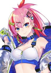 Rule 34 | 1girl, armpits, bare shoulders, blue choker, blue eyes, breasts, check copyright, choker, cleavage, close-up, copyright request, crop top, ear piercing, earrings, eyeshadow, gloves, hair ornament, hairclip, halterneck, hand up, highres, indie virtual youtuber, jacket, jewelry, long hair, long sleeves, looking at viewer, makeup, medium breasts, midriff, monq, multicolored hair, off shoulder, open clothes, open jacket, original, piercing, pink hair, ponytail, shirt, simple background, sleeveless, sleeveless shirt, smile, solo, two-tone hair, upper body, v-shaped eyebrows, virtual youtuber, white background, white gloves, white jacket, white shirt, x hair ornament
