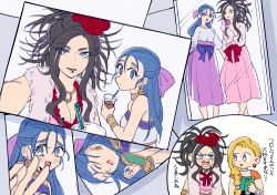 Rule 34 | 3girls, atarime (atarimemakaron), bianca (dq5), black hair, blonde hair, blue eyes, blue hair, blue shirt, blush, bow, braid, breasts, cellphone, chibi, chibi inset, cleavage, closed eyes, commentary request, cup, deborah (dq5), disposable cup, dragon quest, dragon quest v, drinking straw, earrings, feather boa, flora (dq5), flower, grey shirt, hair bow, hair flower, hair ornament, hair over shoulder, hair ribbon, holding, holding cup, holding phone, jewelry, large breasts, long hair, long skirt, messy hair, mole, mole under eye, multiple girls, necklace, open mouth, outstretched hand, phone, photo (object), pink skirt, purple bow, purple ribbon, purple skirt, red flower, red rose, ribbon, rose, shirt, siblings, single braid, sisters, skirt, smartphone, translation request