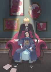 Rule 34 | 2boys, absurdres, alternate costume, axis powers hetalia, black hair, braid, braided ponytail, china (hetalia), chinese clothes, couch, formal, gloves, highres, light rays, long hair, moye (abubudebu), multiple boys, painting (object), pants, papers, parted bangs, shoes, suit, united kingdom (hetalia), white gloves