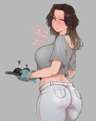 Rule 34 | 1girl, agawa ryou, aqua gloves, artist name, ass, baking sheet, blouse, blush, breasts, brown eyes, brown hair, burnt food, closed mouth, commentary, cowboy shot, crop top, crop top overhang, dated, denim, dimples of venus, english commentary, gloves, gradient hair, grey background, grey shirt, jeans, large breasts, long hair, looking at viewer, looking back, mittens, multicolored hair, numbered, original, pants, parted bangs, raised eyebrow, shirt, short sleeves, simple background, smoke, solo, straight hair, sweatdrop, tray, wavy mouth, white pants
